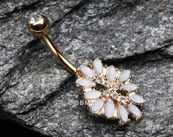 Golden Gilia Delight Flower Belly Button Ring-Clear Gem/White