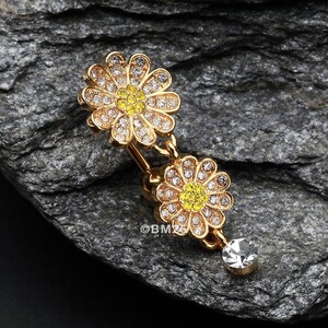 Golden Daisy Glam Multi-Gem Reverse Belly Button Ring-Clear Gem/Yellow