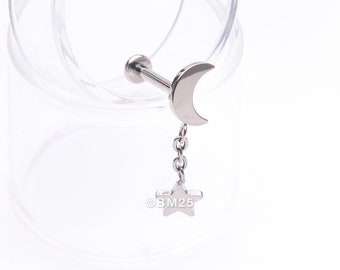 Implant Grade Titanium Crescent Moon with Star Dangle Internally Threaded Flat Back Stud Labret