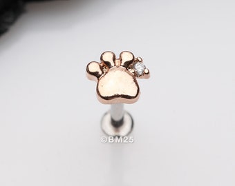 Rose Gold Adorable Sparkle Paw Top Threadless Push-In Steel Labret-Clear Gem