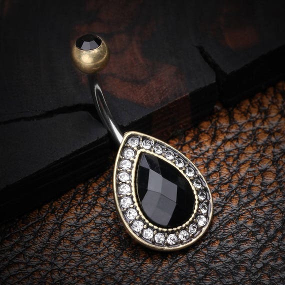 Vintage Rustica Onyx Sparkle Teardrop Belly Button Ring brass
