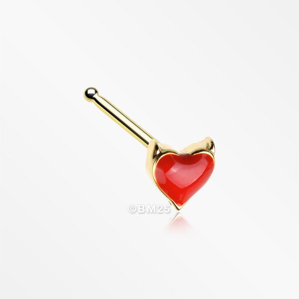 Golden Devil's Heart Nose Stud Ring-Red