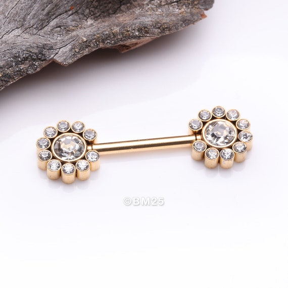 Real Solid 14KT Gold Double Front Facing CZ Gem Nipple Ring, 58 OFF