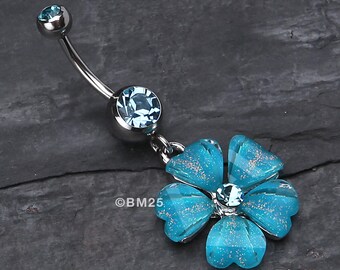 Shimmering Flower Heart Petal Dangle Belly Ring-Aqua