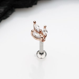 Rose Gold Marquise Sparkle Leaf Top Threadless Push-In Steel Labret-Clear Gem