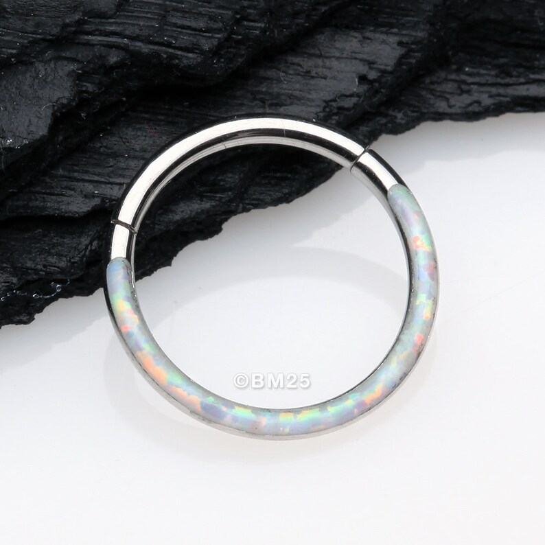 Brilliant Fire Opal Lined Front Facing Seamless Clicker Hoop Ring - White 