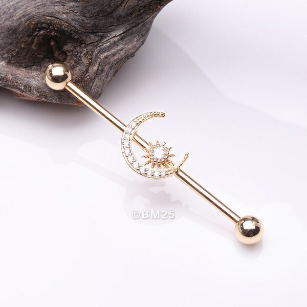 Golden Sparkle Moon and Starburst Industrial Barbell-Clear Gem