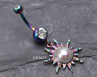 Radiant Blazing Sun Belly Button Ring-Clear Gem/Rainbow