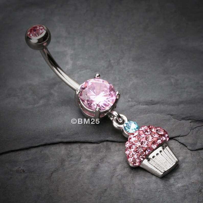 Cupcake Delight Multi-Gem Sparkle Dangle Belly Button Ring Light Pink