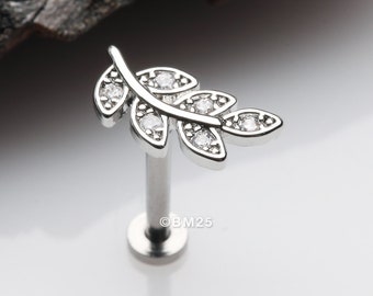 Dainty Leaflet Sparkle Interally Threaded Labret-Clear Gem