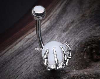 Moonstone Orb Shine Skeleton Hand Belly Button Ring