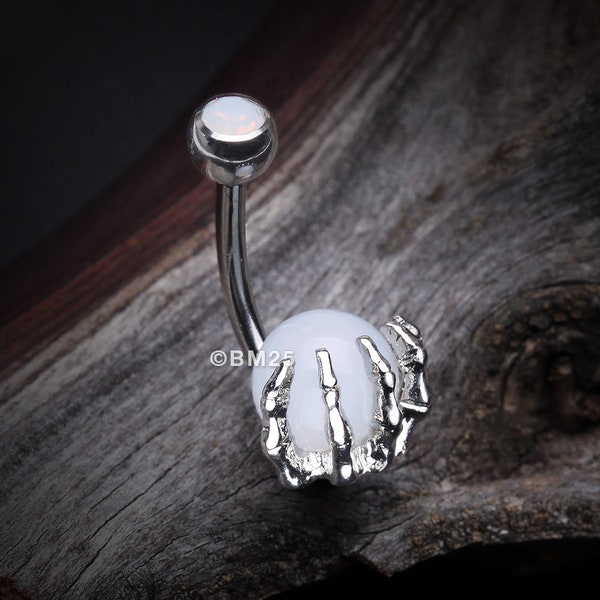 Moonstone Orb Shine Skeleton Hand Belly Button Ring