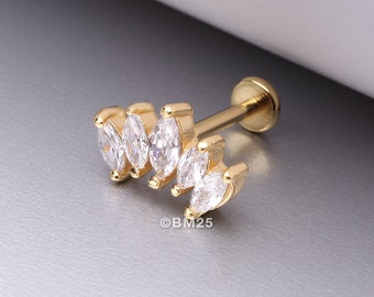 Golden Marquise Sparkle Curve Top Internally Threaded Steel Flat Back Stud Labret-Clear Gem