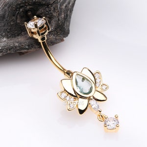 Golden Glistening Lotus Sparkle Dangle Belly Button Ring-Clear Gem/Aqua