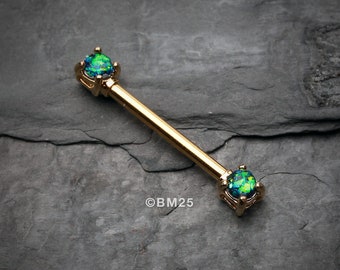 A Pair of Golden Opal Sparkle Prong Nipple Barbell Ring - Black