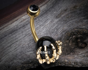 Golden Onyx Stone Orb Shine Skeleton Hand Belly Button Ring