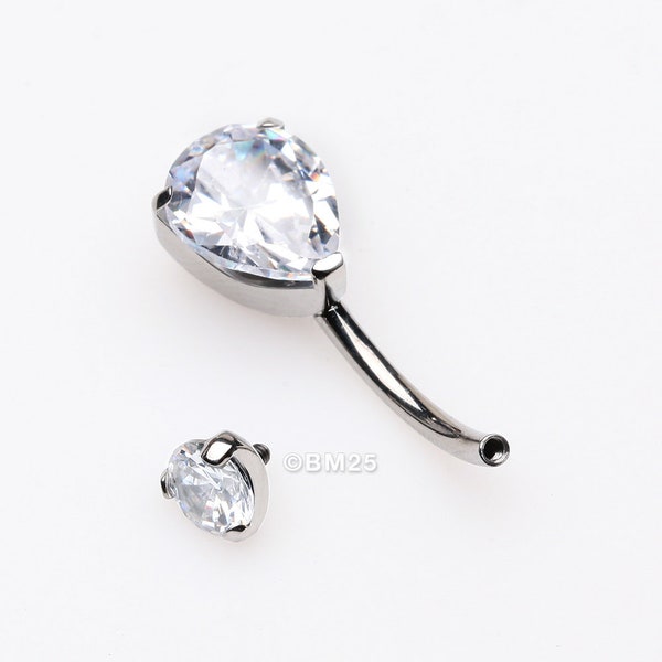 Implant Grade Titanium Internally Threaded Teardrop Prong Set Belly Button Ring-Clear Gem