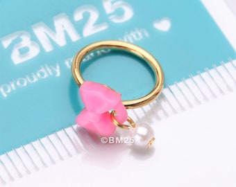 Goldener Kawaii Pop Bow-Tie Pearl Dangle Biegbarer Hoop Ring-Rosa/Weiß