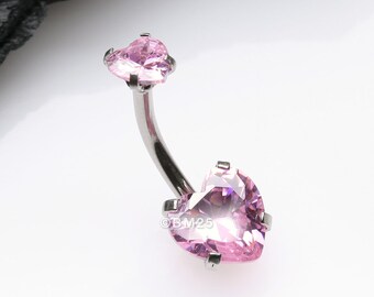 Double Heart Sparkle Prong Internally Threaded Belly Button Ring-Pink