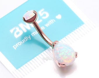 Implant Grade Titanium Rose Gold Internally Threaded Teardrop Opal Prong Belly Button Ring-White Opal