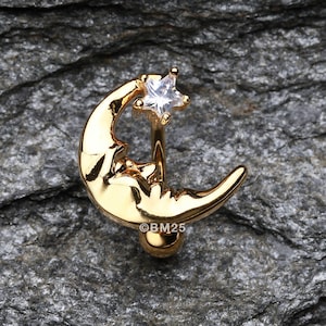 Golden Crescent Moon Shine Reverse Belly Button Ring-Clear Gem