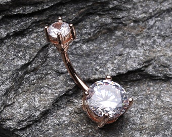 Rose Gold Classic Sparkle Gem Belly Button Ring-Clear Gem