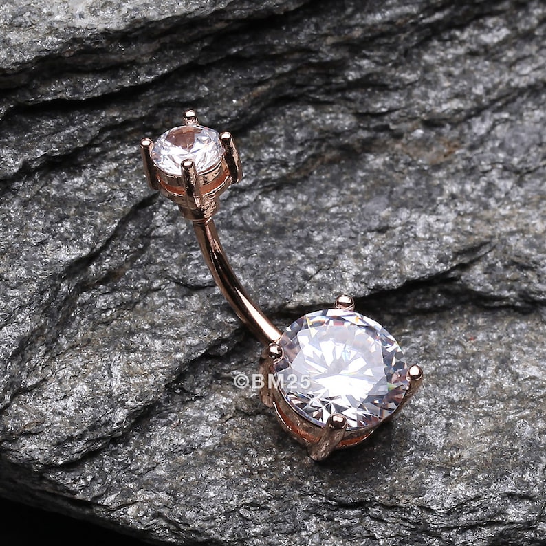 Rose Gold Classic Sparkle Gem Belly Button Ring-Clear Gem