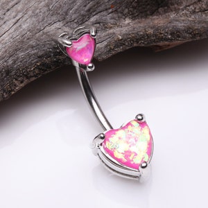 Opalescent Double Heart Prong Set Belly Button Ring-Pink