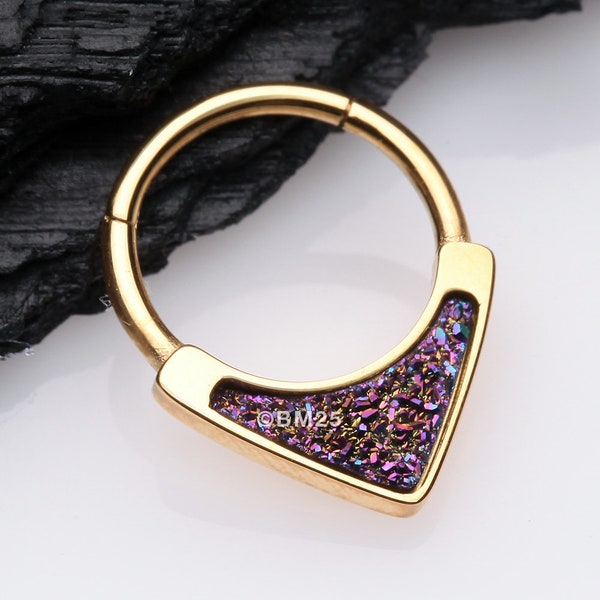 Golden Druzy Stone Sparkle Chevron Seamless Clicker Hoop Ring-Rainbow