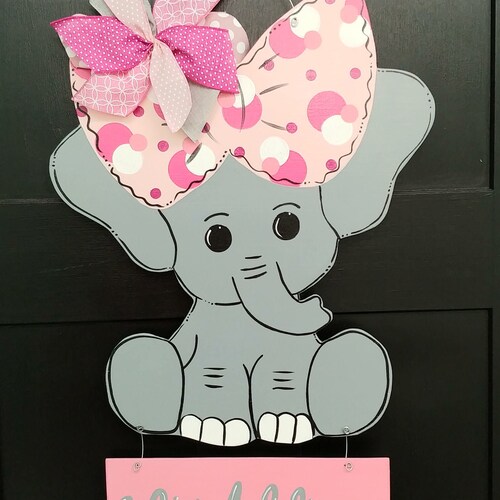 Baby Girl Baby Elephant Birth Announcement Door Hanger Etsy