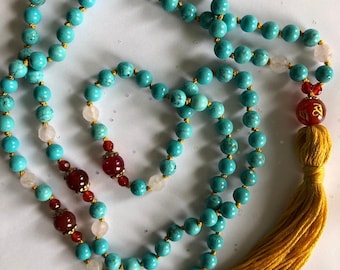 Turquoise Blue Howlite Mala. Howlite Mala Necklace. Carnelian Mala. Carnelian Mala Necklace. Yoga Inspired Japa Mala. 108 Beads. Blue Mala.