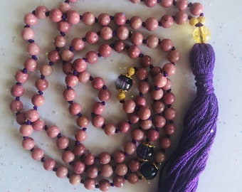 Rhodonite Mala. Purple Fluorite Mala. Heart Chakra Mala. Third Eye Chakra Mala. Pink Crystal Mala Necklace. Yoga-Inspired Mala Neckace.