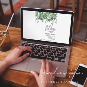 May include: A laptop computer screen displaying a green and white bridal shower invitation with the text "Bridal Shower" and "Jessica Smith". The invitation includes the date, time, and location of the event. The text "email invitation to friends & families" is written below the laptop.
