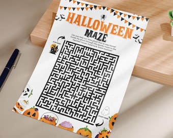 May include: A Halloween-themed maze printed on white paper. The maze is black and features a complex path. The top of the paper has orange and black bunting with the word "HALLOWEEN MAZE". The bottom has pumpkin and ghost illustrations.