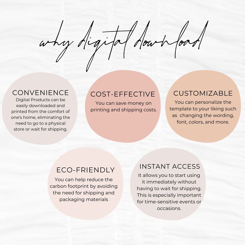 May include: A graphic with the text "why digital download" in a handwritten font. The graphic lists the benefits of digital downloads, including convenience, cost-effectiveness, customisation, eco-friendliness, and instant access.