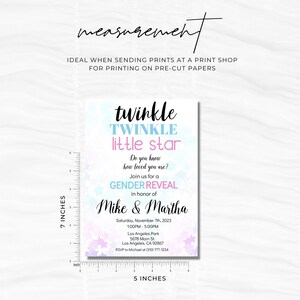 May include: A gender reveal party invitation with a blue and pink watercolor background and stars. The text reads "twinkle TWINKLE little star Do you know how loved you are? Join us for a GENDER REVEAL in honor of Mike & Martha Saturday, November 7th, 2023 1:00PM - 5:00PM Los Angeles Park 5678 Main St. Los Angeles, CA 92867 RSVP to Michael at (310) 777-1234".