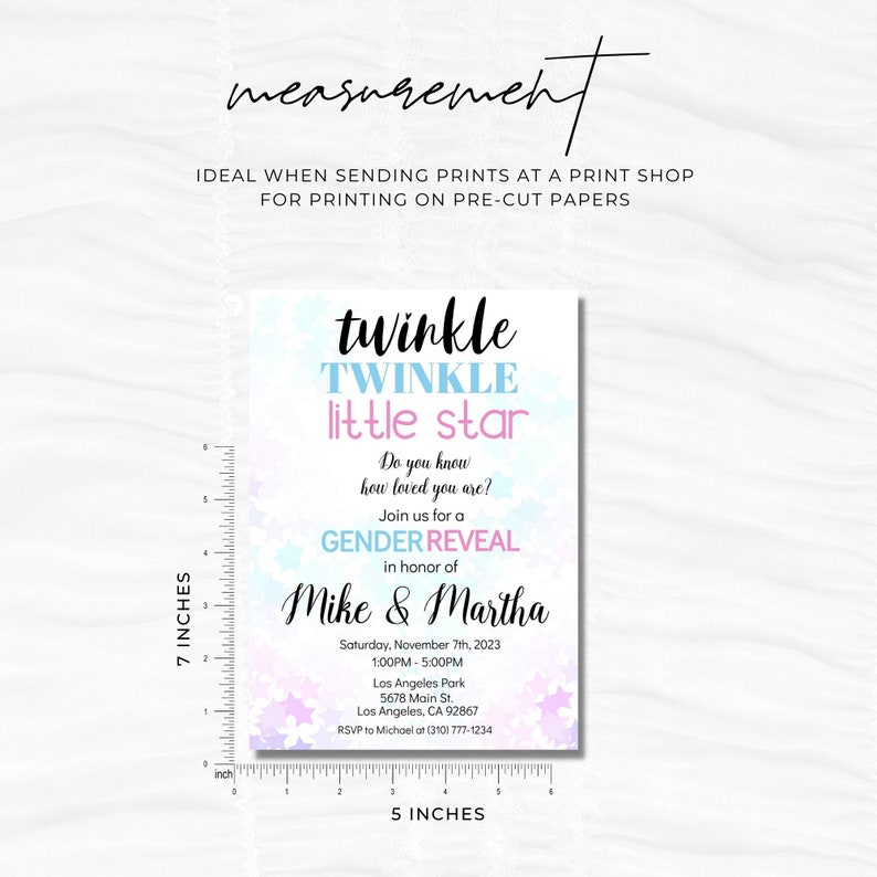 May include: A gender reveal party invitation with a blue and pink watercolor background and stars. The text reads "twinkle TWINKLE little star Do you know how loved you are? Join us for a GENDER REVEAL in honor of Mike & Martha Saturday, November 7th, 2023 1:00PM - 5:00PM Los Angeles Park 5678 Main St. Los Angeles, CA 92867 RSVP to Michael at (310) 777-1234".