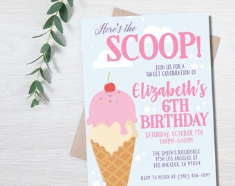May include: A blue and white birthday invitation with an illustration of an ice cream cone. The text reads "Here's the SCOOP! Join us for a sweet celebration of Elizabeth's 6th Birthday. Saturday, October 7th 1:00PM-5:00PM. The Smith's Residence 1756 Los Angeles St. Los Angeles, CA 97854. RSVP to Mitch at (310) 456-7897."