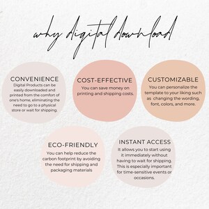 May include: A digital download infographic with the title "why digital download" in a handwritten font. The graphic includes five circular elements with text describing the benefits of digital products, such as convenience and instant access.