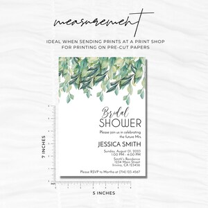 May include: A printable bridal shower invitation featuring a watercolour design of green leaves and branches. The invitation text reads "Bridal Shower" and includes the bride's name, date, time, and location. The invitation measures 12.7 cm wide and 17.8 cm tall.