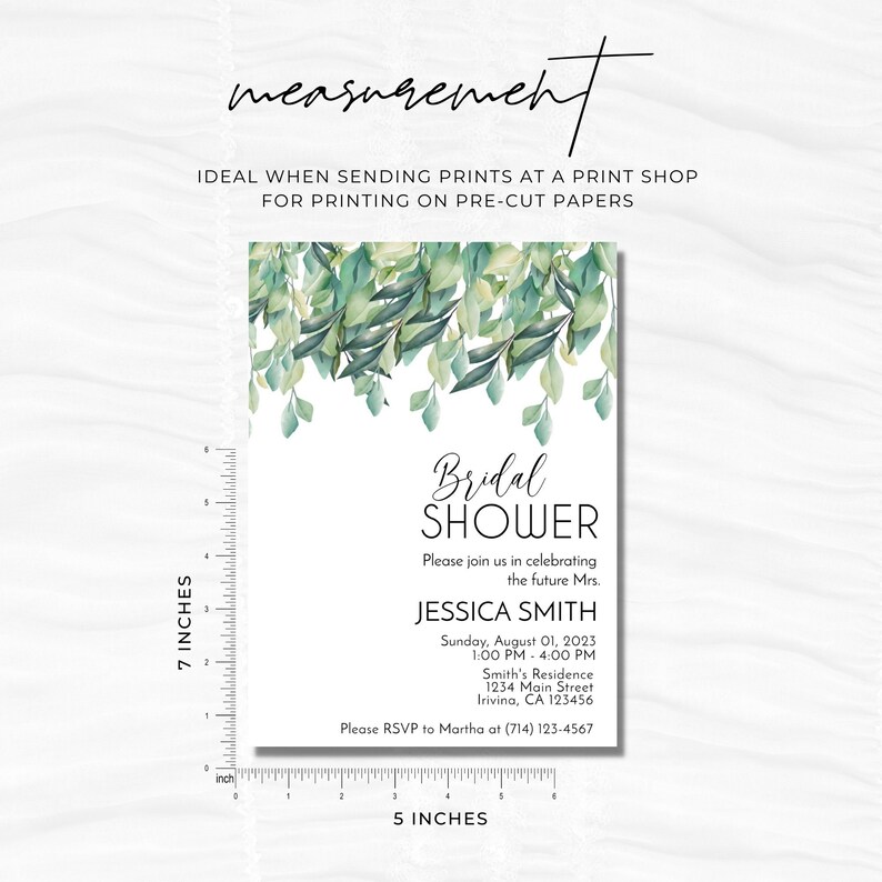 May include: A printable bridal shower invitation featuring a watercolour design of green leaves and branches. The invitation text reads "Bridal Shower" and includes the bride's name, date, time, and location. The invitation measures 12.7 cm wide and 17.8 cm tall.