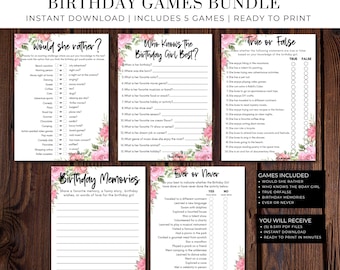 Floral Birthday Party Games Bundle: 5 Printable Activities (PDF)