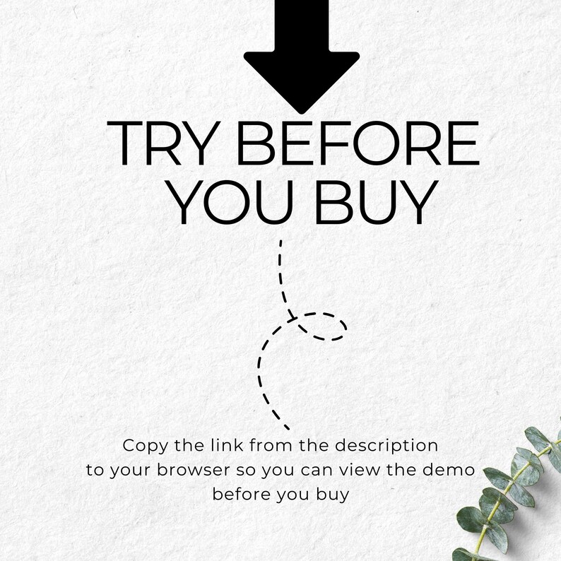 K&ouml;nnte beinhalten: Ein wei&szlig;er Hintergrund mit schwarzem Text, der "TRY BEFORE YOU BUY" lautet, mit einem schwarzen Pfeil, der nach unten zeigt. Eine gestrichelte Linie verl&auml;uft vom Text zu einer kleinen Schleife am unteren Rand des Bildes. Der Text unter der Schleife lautet "Kopieren Sie den Link aus der Beschreibung in Ihren Browser, um die Demo anzusehen, bevor Sie kaufen".