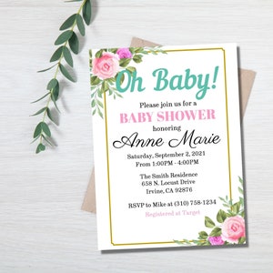 Pink Floral Baby Shower Invitation Template, Baby Shower Template, Floral Baby Shower, Baby Girl Shower, Editable Pink Flowers Shower Invite
