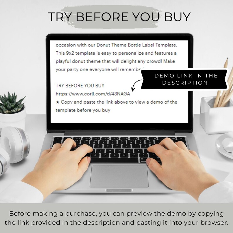 K&ouml;nnte beinhalten: Ein Laptop-Bildschirm zeigt eine Textnachricht &uuml;ber eine Flaschenetikettenvorlage zum Thema Donuts. Der Text lautet "TRY BEFORE YOU BUY" und enth&auml;lt einen Link zu einer Demo der Vorlage. Der Text lautet auch "DEMO LINK IN THE DESCRIPTION".