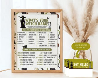 Juego "¿Cuál es tu nombre de bruja?", imprimible para fiesta de Halloween, actividad divertida para niños y adultos, descarga instantánea de 8 x 10, juego de Halloween con temática de brujas