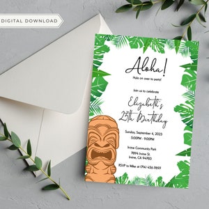 Hawaiian Birthday Invitation Template, Aloha Hawaiian Party Invitation, Tropical Leaves Invitation, Aloha Luau Birthday Party Invite,
