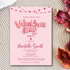 Modelo de convite editável para festa de Dia dos Namorados 5x7, design de coração rosa, download instantâneo Corjl, cartão de evento romântico personalizado, convite de Vday