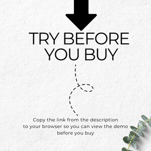 May include: A white background with black text that reads "TRY BEFORE YOU BUY" with a black arrow pointing down. A dashed line extends from the text to a small loop at the bottom of the image. The text below the loop reads "Copy the link from the description to your browser so you can view the demo before you buy."