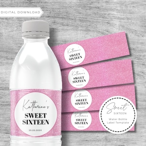 Pink Glitter Sweet 16 Wasserflasche Etikett Vorlage, Sweet 16 Decor, Sweet Sixteen Wasseretikett Vorlage, Sweet 16 Flasche Wasseretikett
